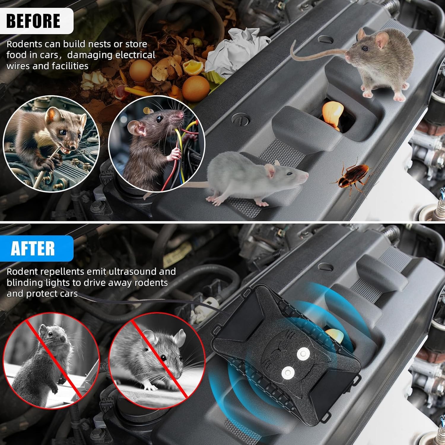4PK Ultrasonic Mouse Repellent - Car/Indoor, Strobe Light, Battery Power