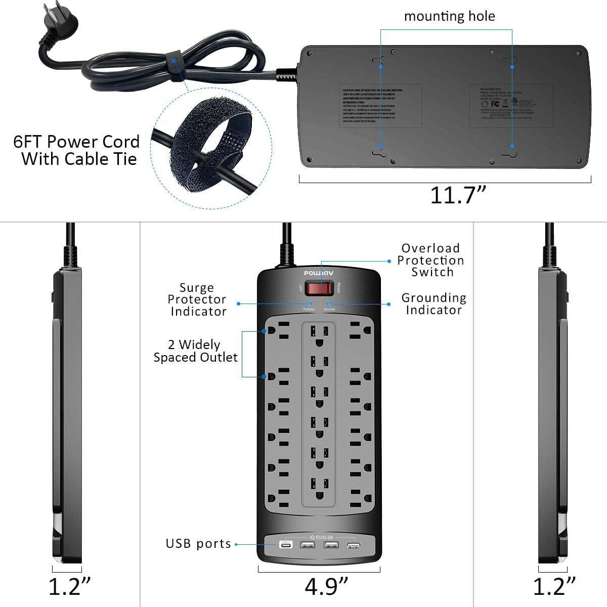 18 Outlets Surge Protector Power Strip - 6 Feet Flat Plug Heavy Duty Extension C