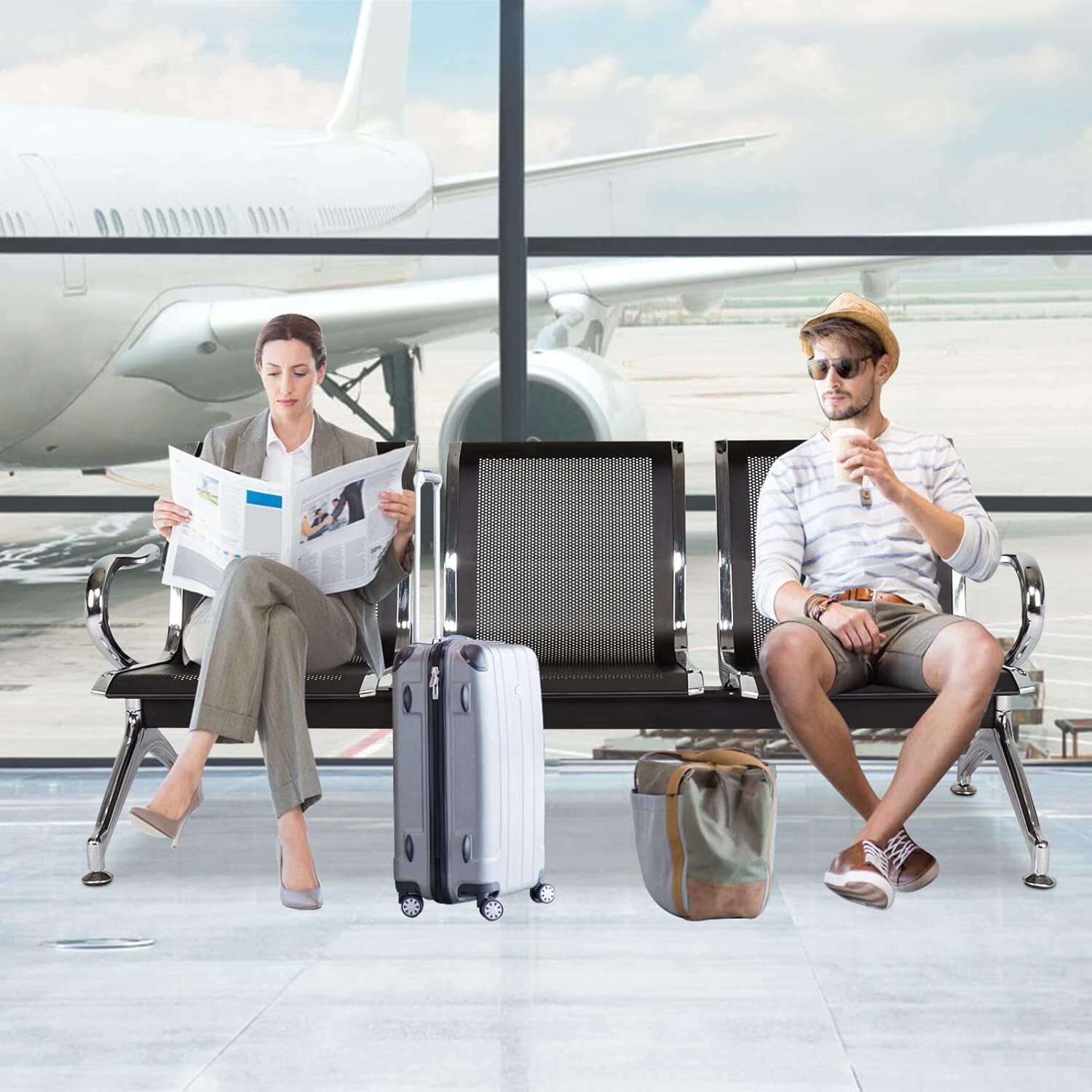 3-Seat Airport Reception Waiting Room Chairs Office Salon Barber Bench Black