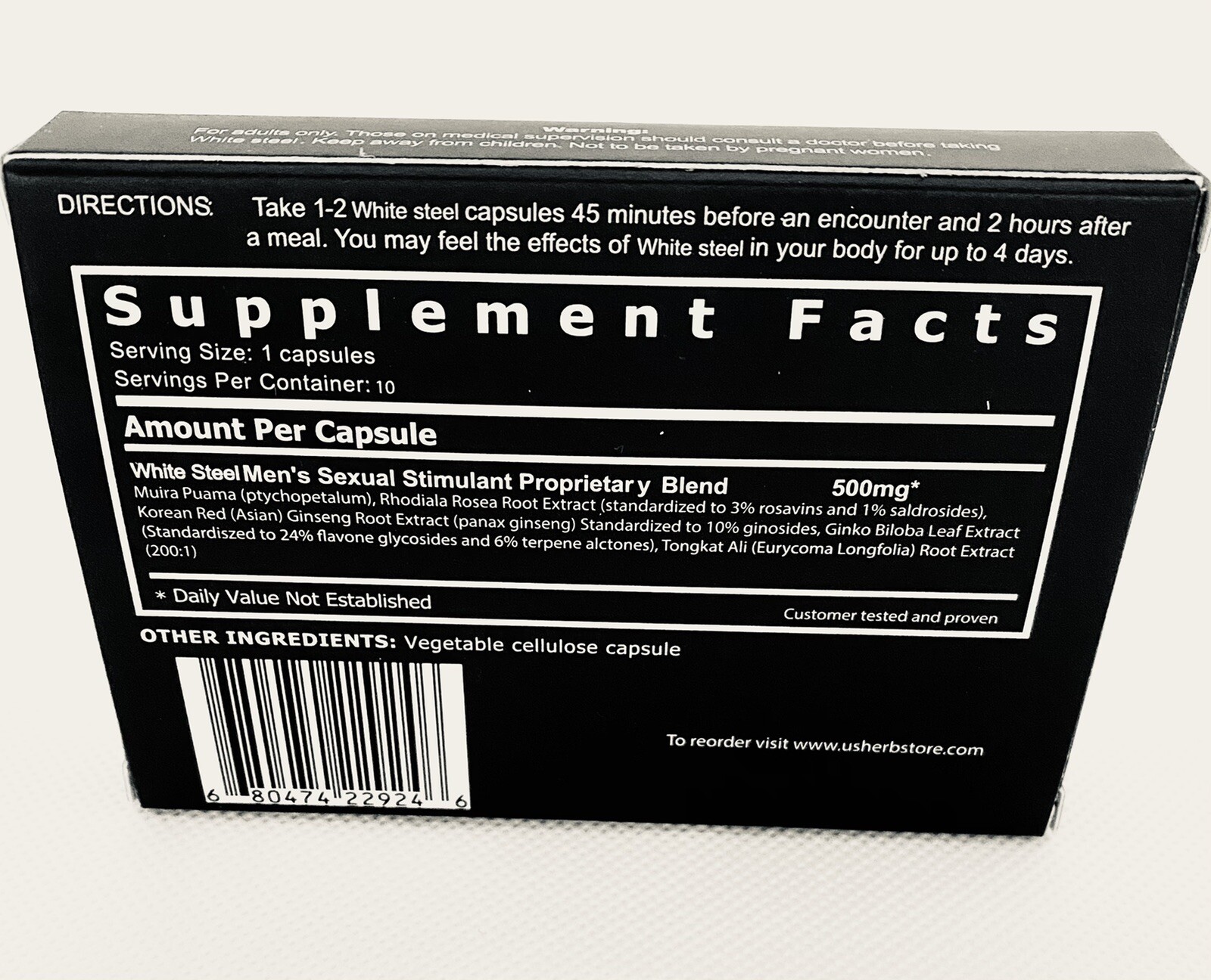 White Steel Male, All-Natural Performance supplement . 4 Pill Sample.
