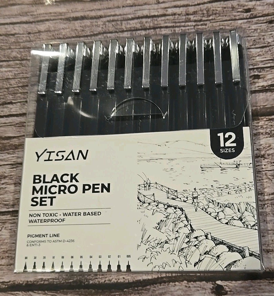 YISAN Black Micro Pen Set 12 Sizes Non Toxic New (194)