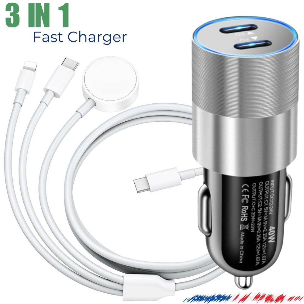 40W Fast Car Charger 3 IN 1 Magnetic Cable For  iPhone 5~17 iWatch 10/9/8/7/6/SE