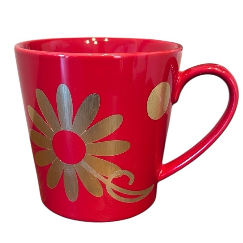 Starbucks Red and Gold Floral Coffee Mug Cup 2014 Wide Rim