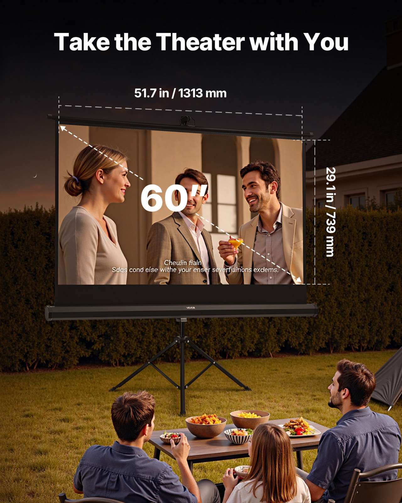 Tripod Projector Screen with Stand 60 Inch 160° Wide Angle 4K HD 16:9 Screen