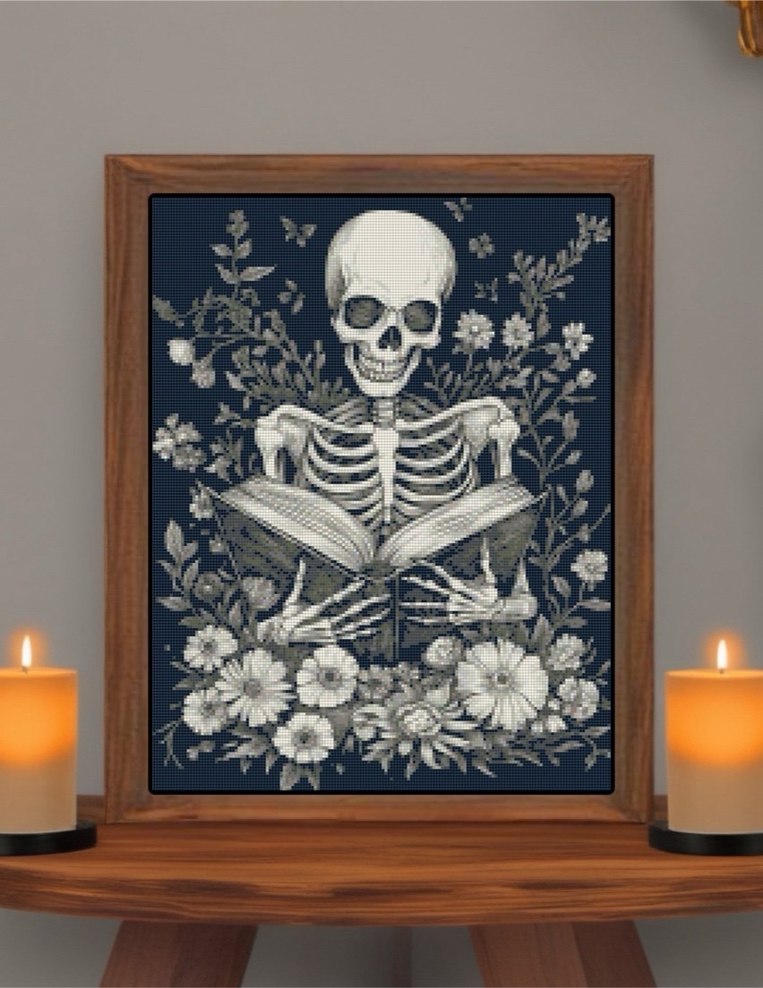 Skeleton Reading w. Flowers Gothic Counted Cross-Stitch Pattern Needlepoint