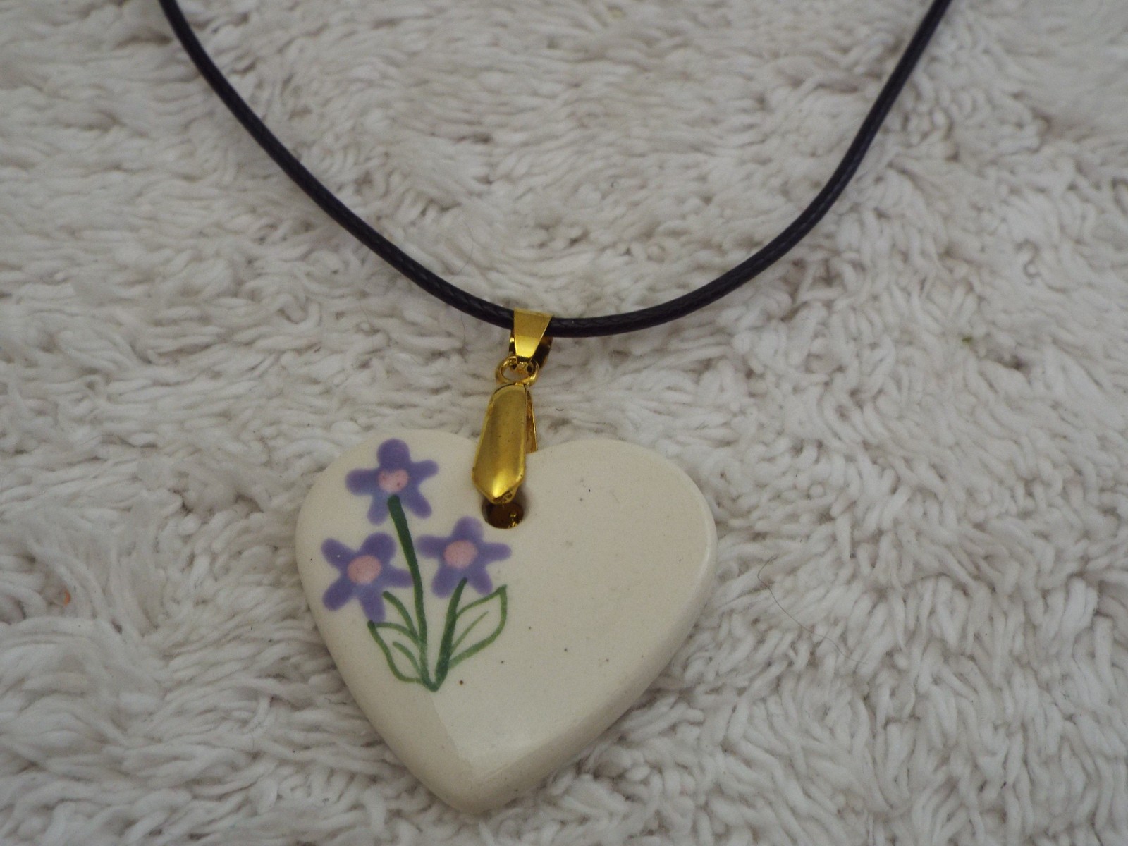 Goldtone Flower Heart Ceramic Pendant Black Cord Necklace (A63)