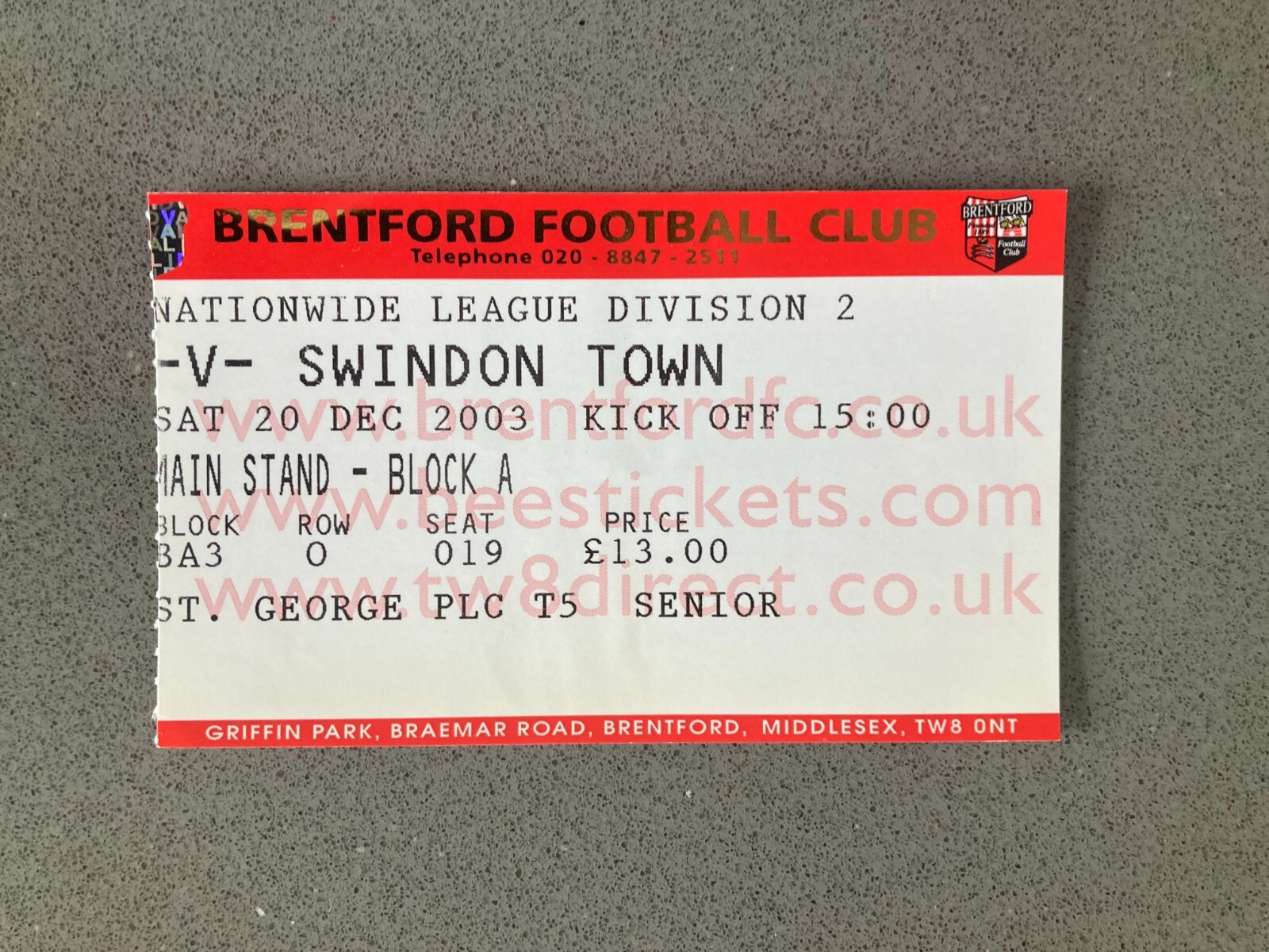 Brentford v Swindon Town 2003-04 Match Ticket