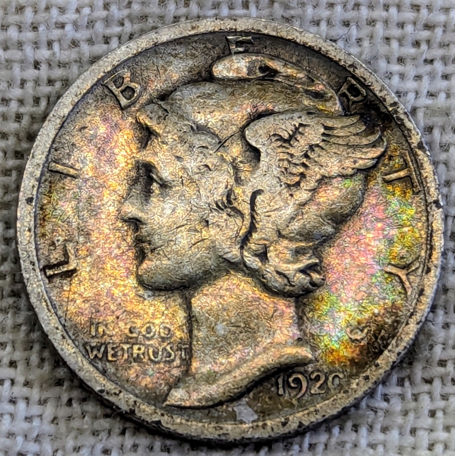 1920 S Mercury Dime Fine : Rainbow Tone, Older Date (4,000 Left) -.9 Fine Silver