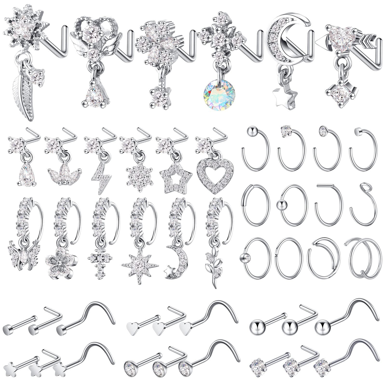 48 Pcs Dangle Nose Rings for Women Nose Piercings Jewelry Studs Hoops with Ch...