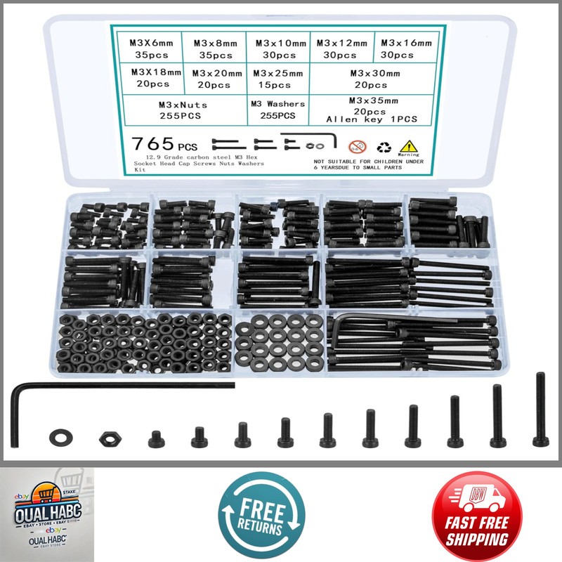 765Pcs M3 Screws Nuts & Bolts Assortment Kit Hex Socket Cap Screws with Washers