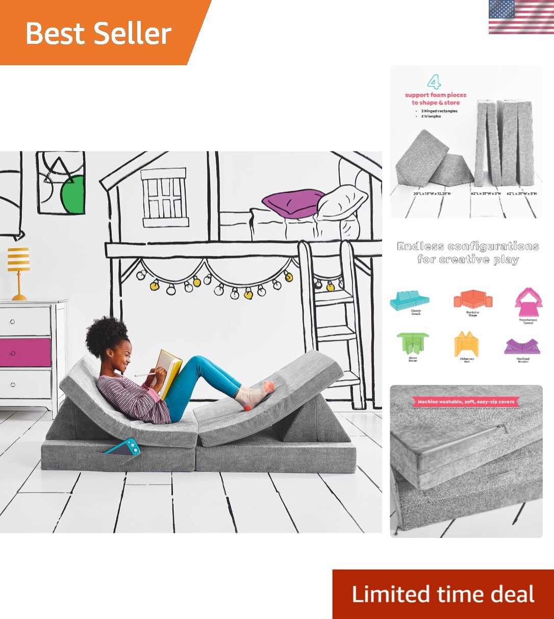 Durable 4-Piece Kids Play Couch in Mountain Gray - Transform Into Adventure