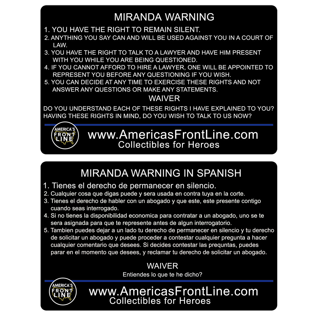 EL16-001 Black Metal Miranda Rights Warning Card English Spanish Police Gift