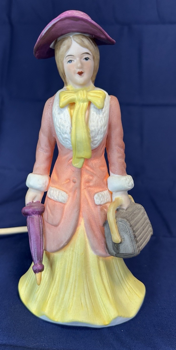 Vtg I.W. Rice Portable Ceramic Night Light Lady Pink & Yellow Dress & Umbrella