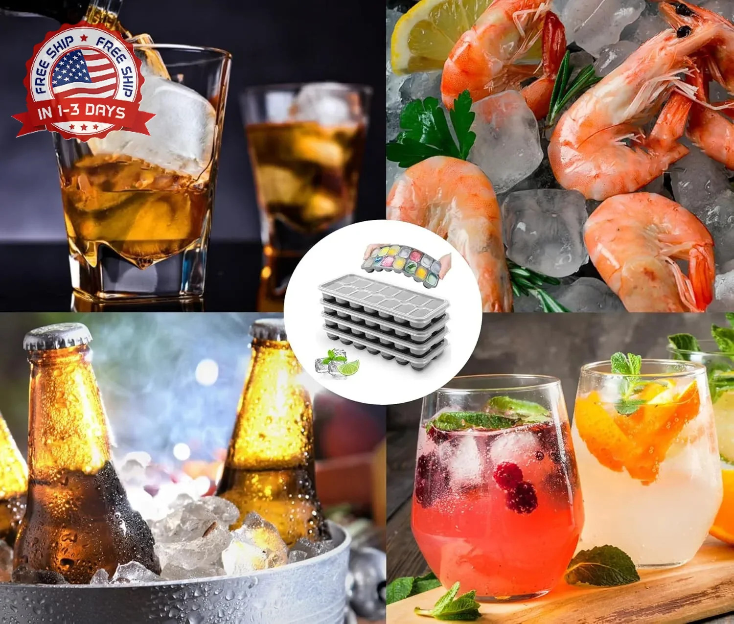 Ice Cube Tray 4 Pack, Easy-Release & Flexible 56 pcs Silicone Ice Cube Trays wit