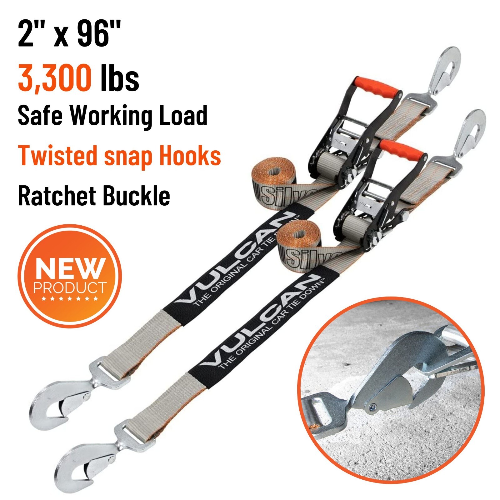 Car Towing Tie Down Strap w Snap Hooks Ratchet for Tow Truck Haul UTV Tractor