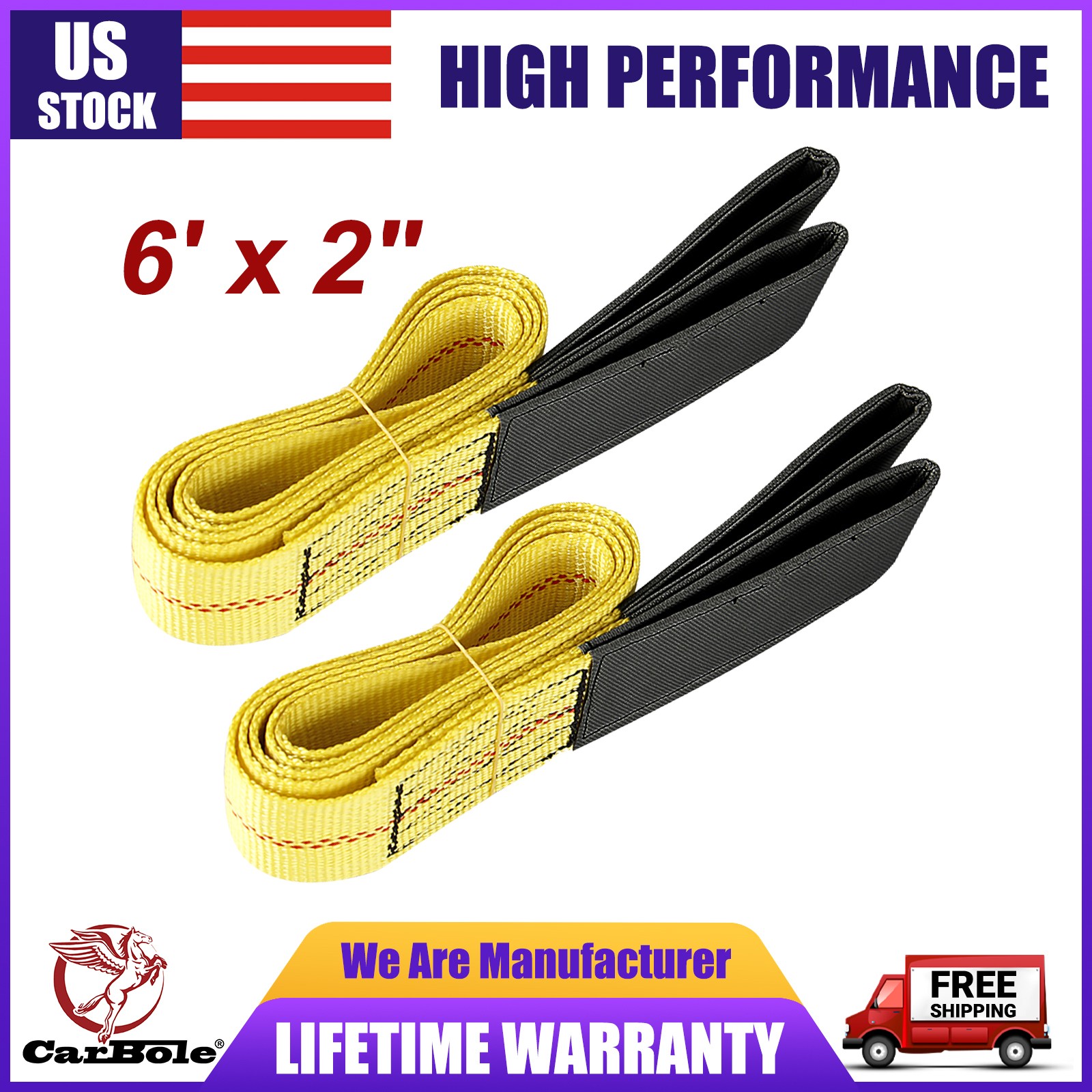 6' x 2" Durable Flat Lifting Sling Strap Eye Polyester Webbing 9000LBS w/ loops