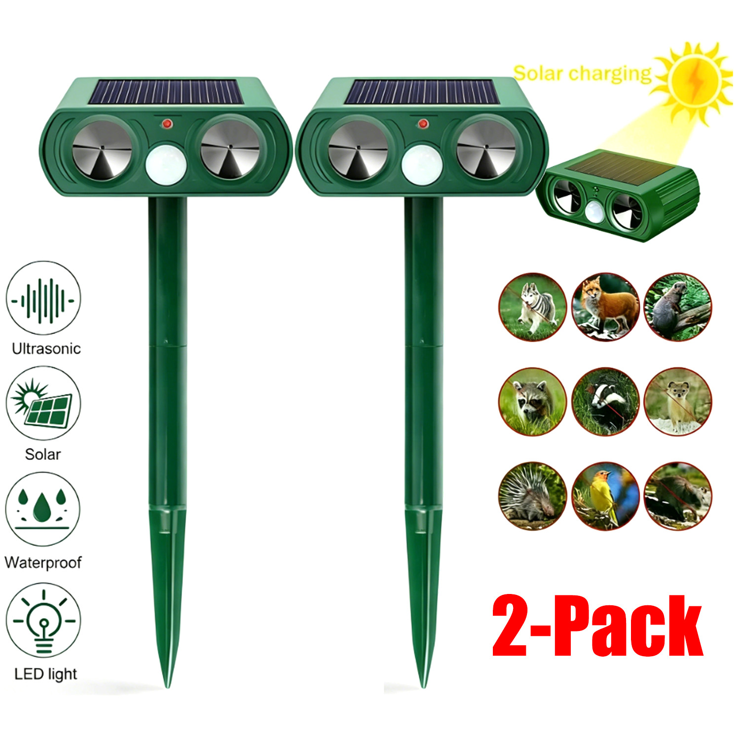 2Pack Outdoor Solar Powered Animals Repeller Ultrasonic Cat Deterrent Squirrel