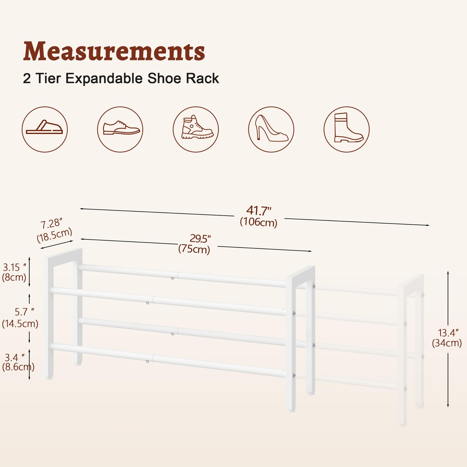 2-Tier Expandable Shoe Rack, Adjustable Shoe Shelf Storage Organizer Space Sa...