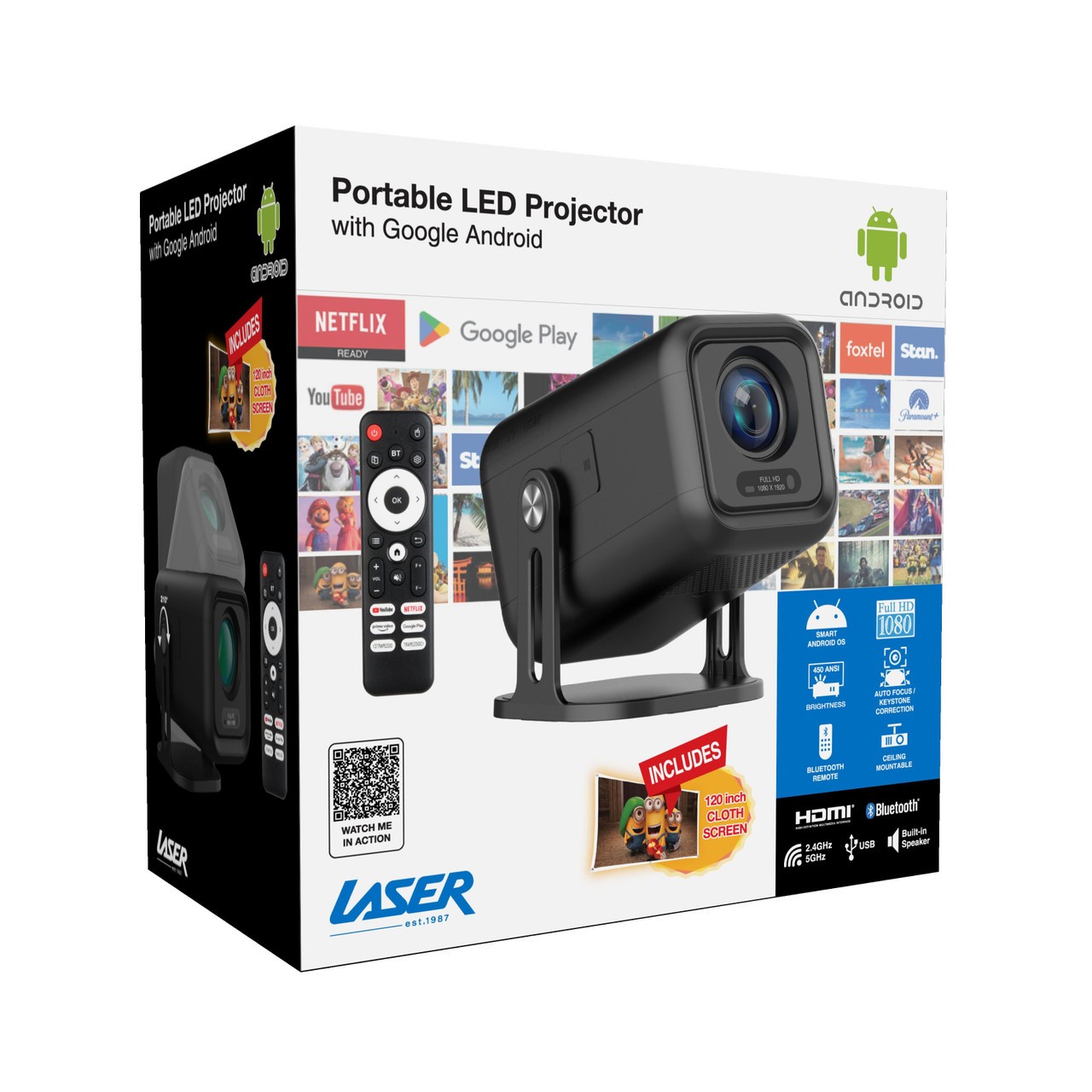 Laser 1080p Android 13 Smart Projector Auto Focus 210 Tilt