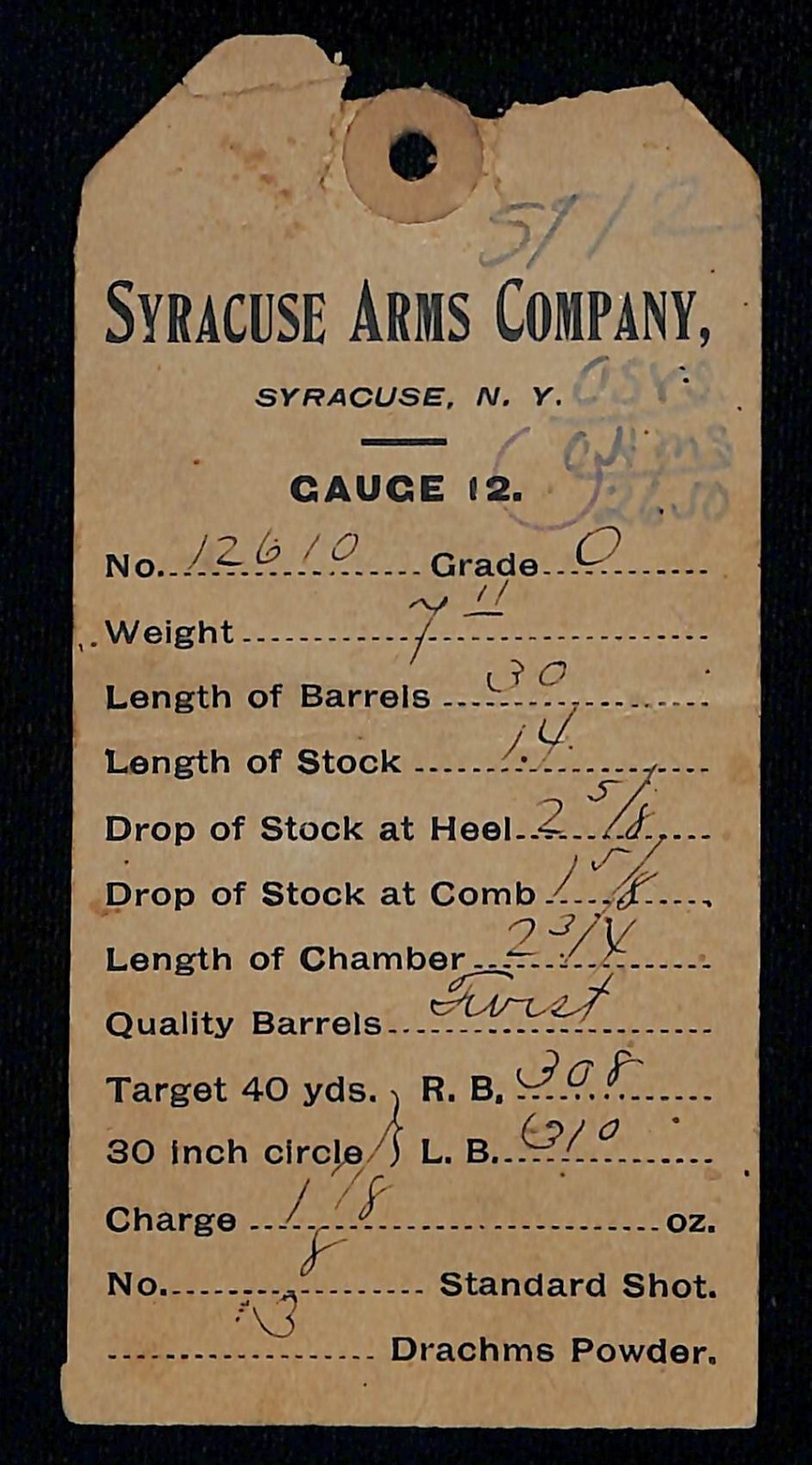 Syracuse Arms Company 12 Gauge Production Test Serial # Tag c1895-1905 Scarce
