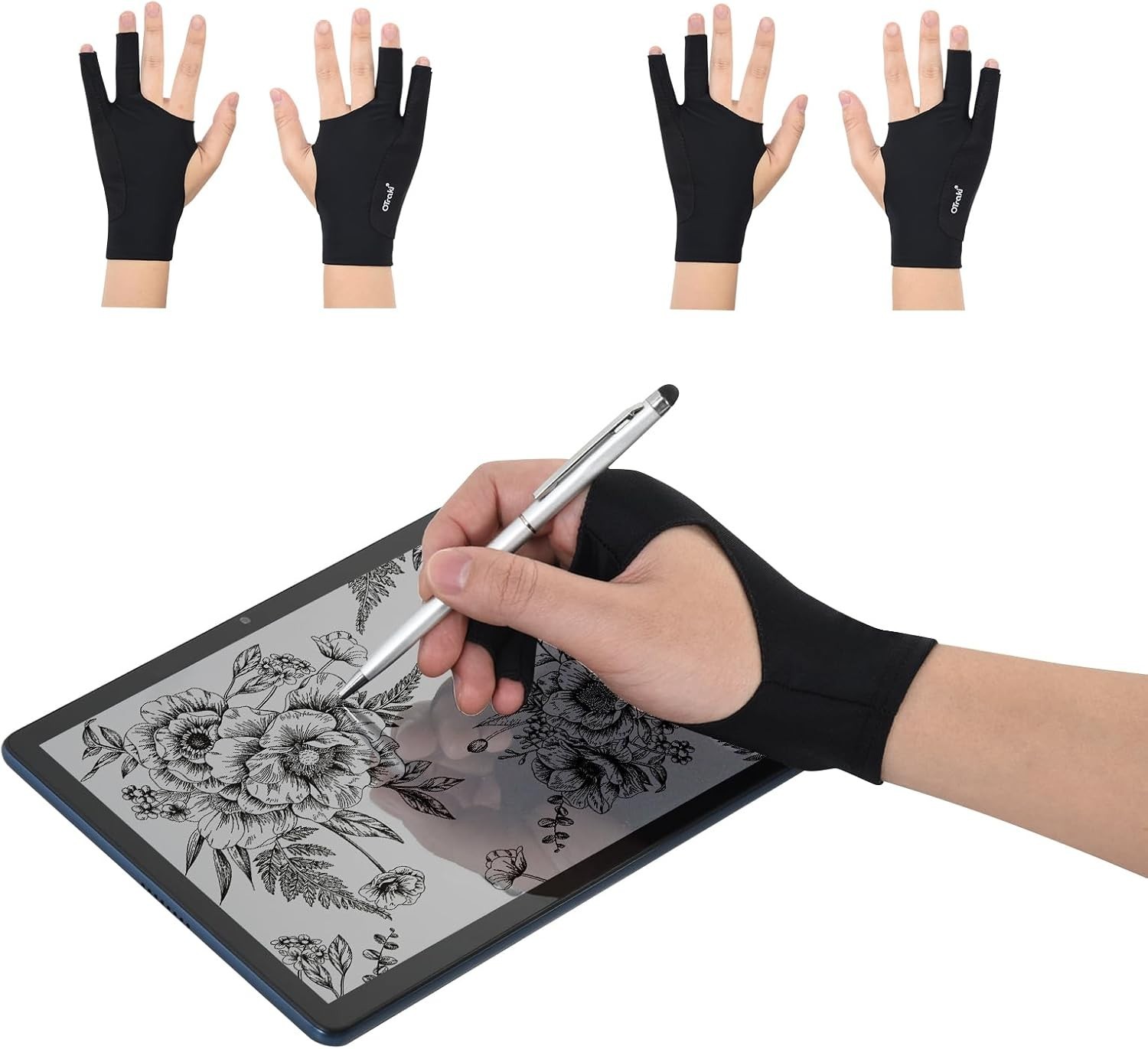 Two Finger Anti-fouling Glove Drawing & Pen Graphic Tablet Pad For Artist Black