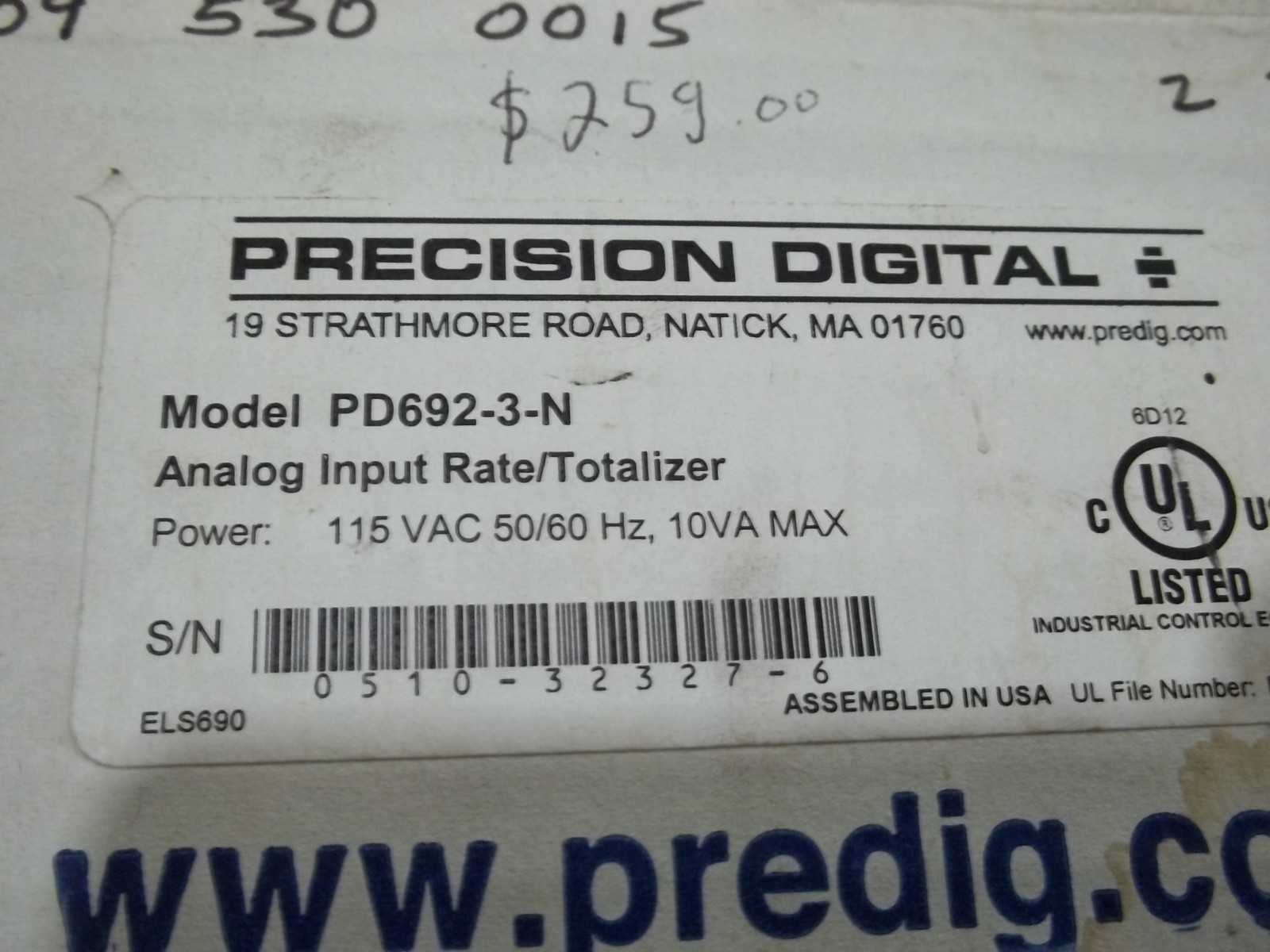 NIB PRECISION DIGITAL PD692-3-N ANALOG INPUT RATE TOTALIZER (RR2)