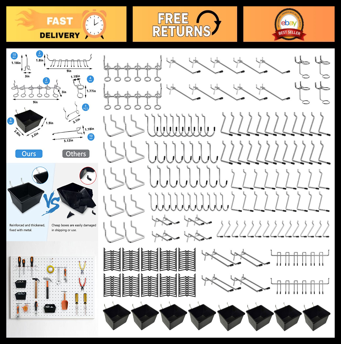 258PCS Pegboard Hook Set - Tool Organizer Kit with Bins & Assorted Hooks