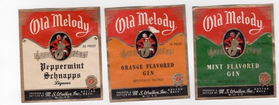 Old Melody M S Walker Boston MA 3  gin & Schnapps label W134