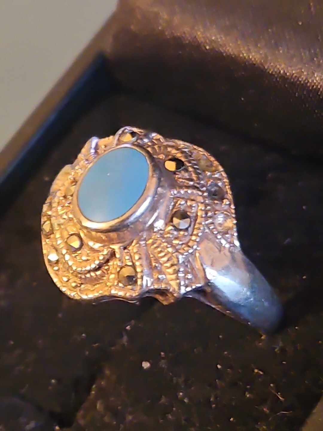 Silver Marcasite Blue Ring Size 8.25