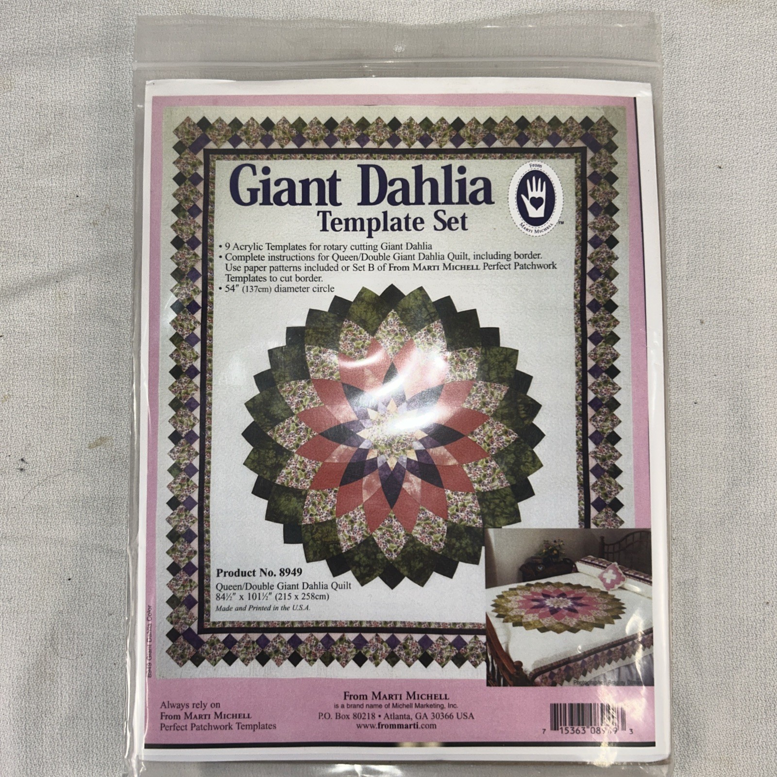 Giant Dahlia Template Set 54″ NEW Queen Double Quilt 9 Piece Marti Michell USA