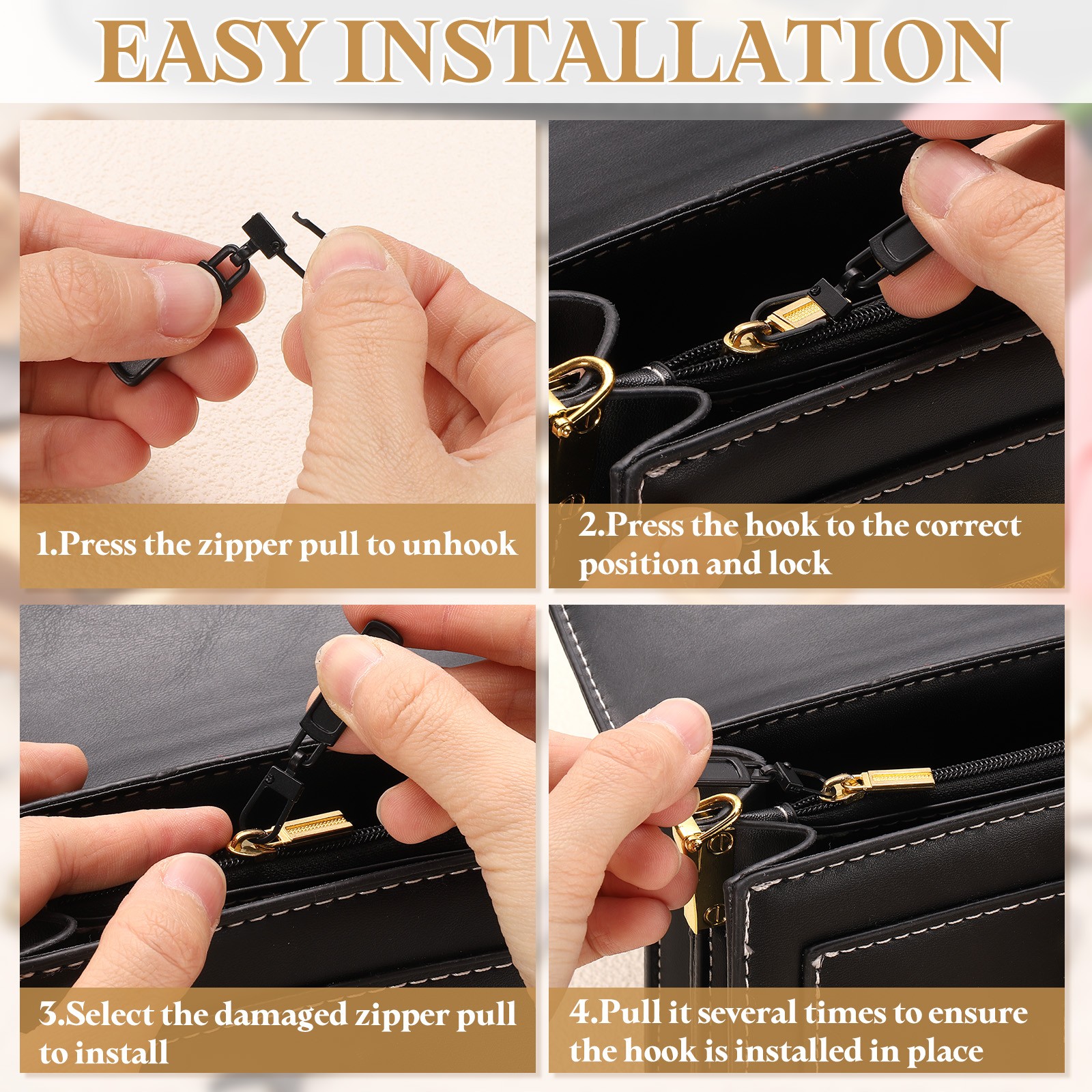 8Pcs Zipper Pull Replacement, Rectangle Detachable Tiny Zipper Slider, Black