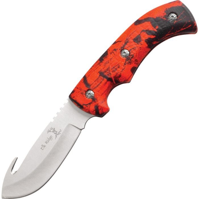 Elk Ridge Hunter Fixed Knife 4" 440 Steel Guthook Blade Red Camo Aluminum Handle