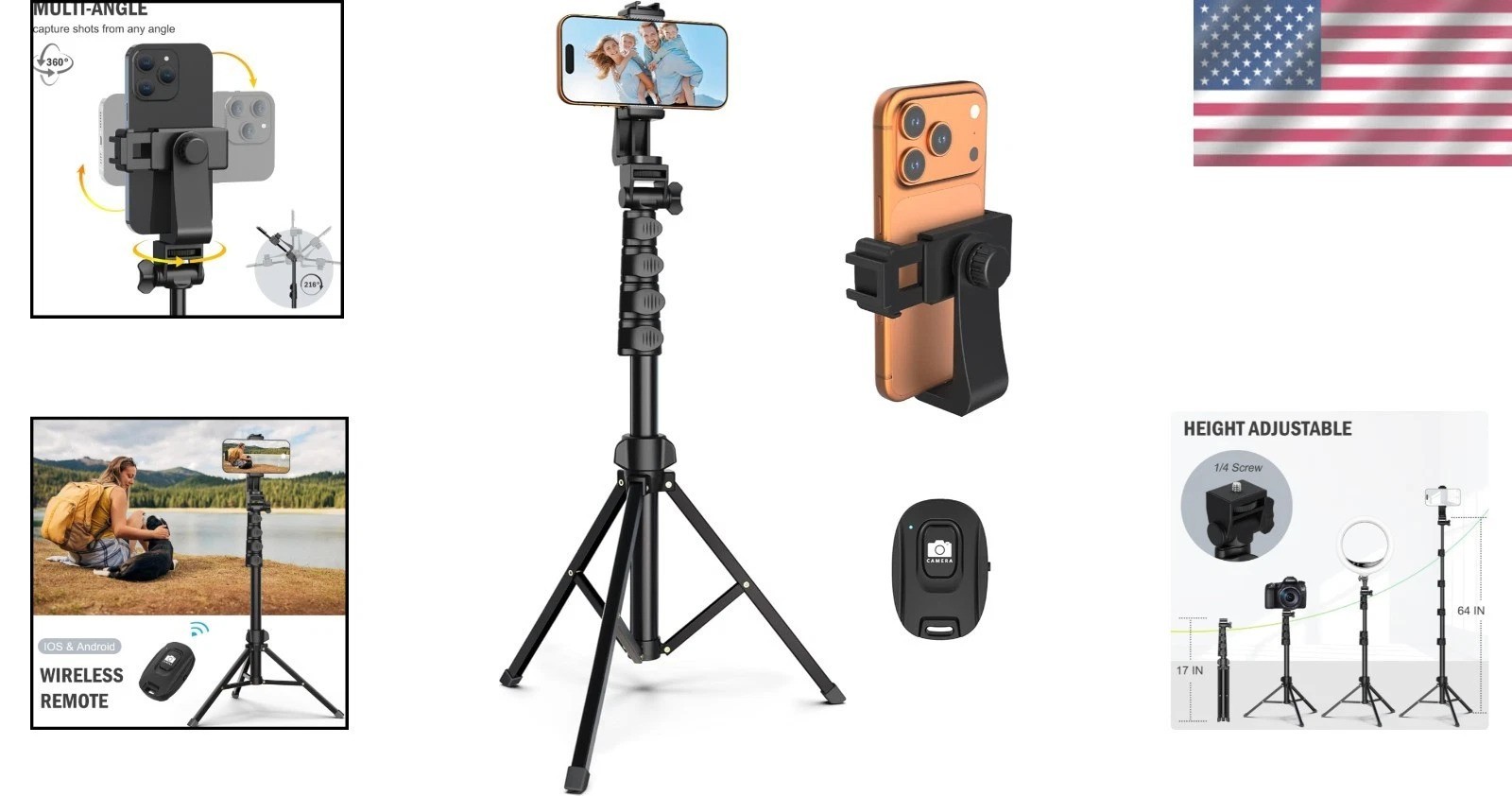 64” Adjustable Tripod with Remote for Cell Phone & Camera - Sturdy & Stable