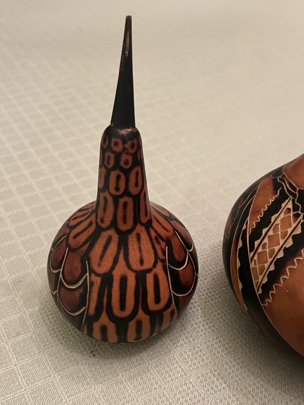 3 X Hand-Carved Decorative Gourd Peru Peruvian Folk Art Woman Fish Bird 1980’s