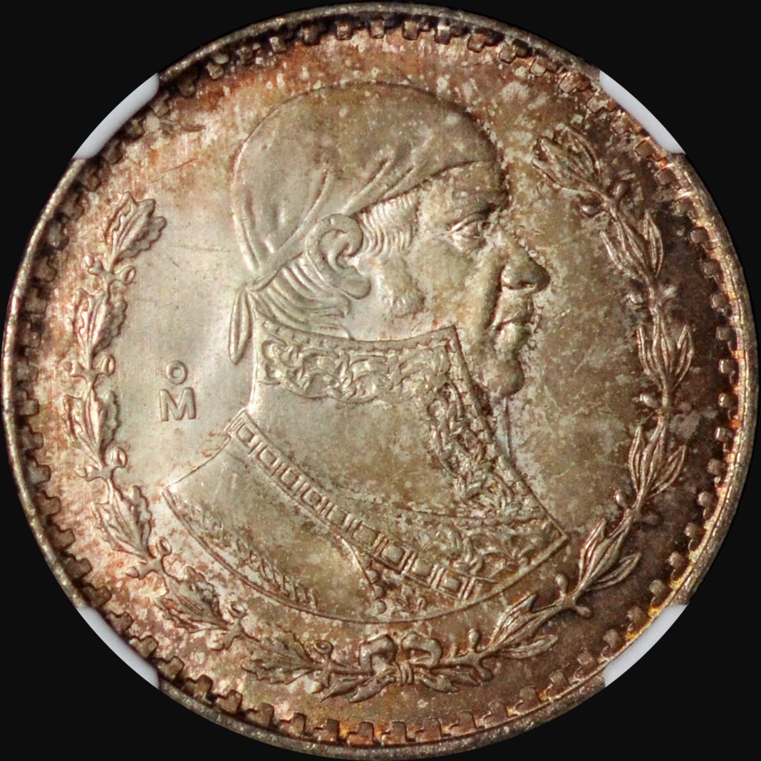 NGC MS65  1962 Mo Mexico Silver 1 Peso Gem Beautiful toning!