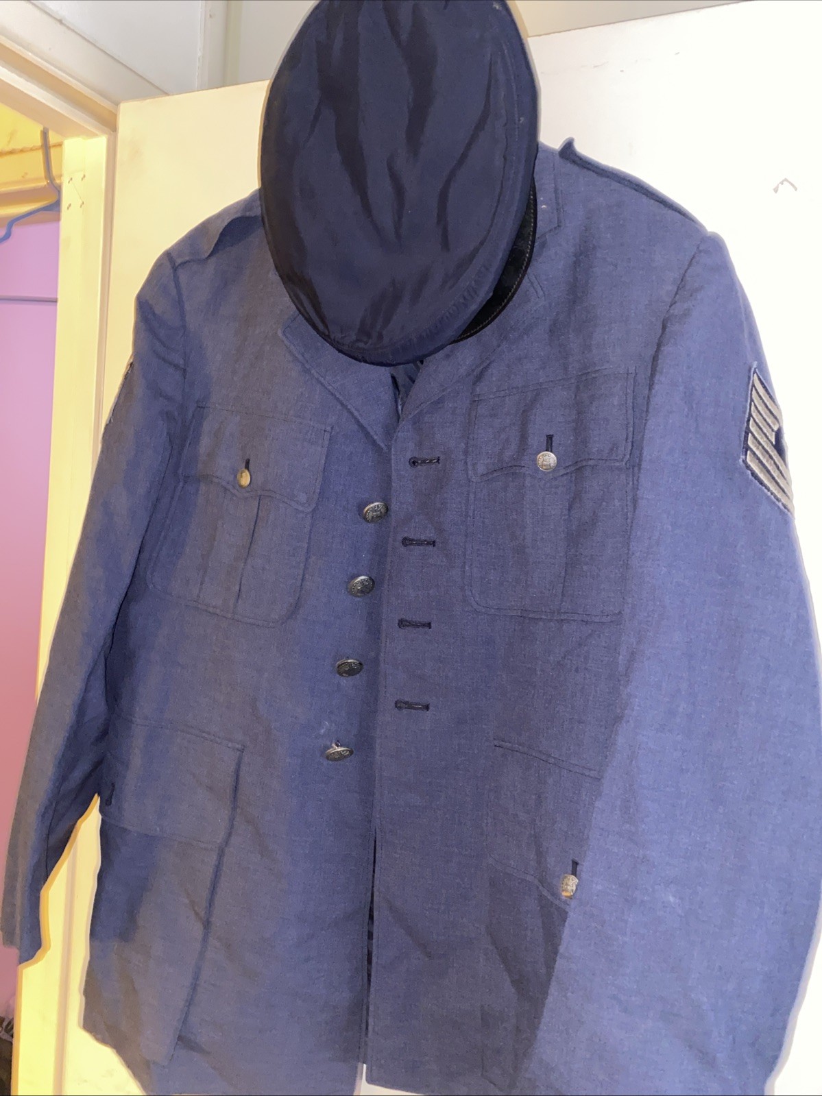 Vintage 1962 US Air Force Coat AF 84 Tropical Wool Military Jacket+hat Cover Lot