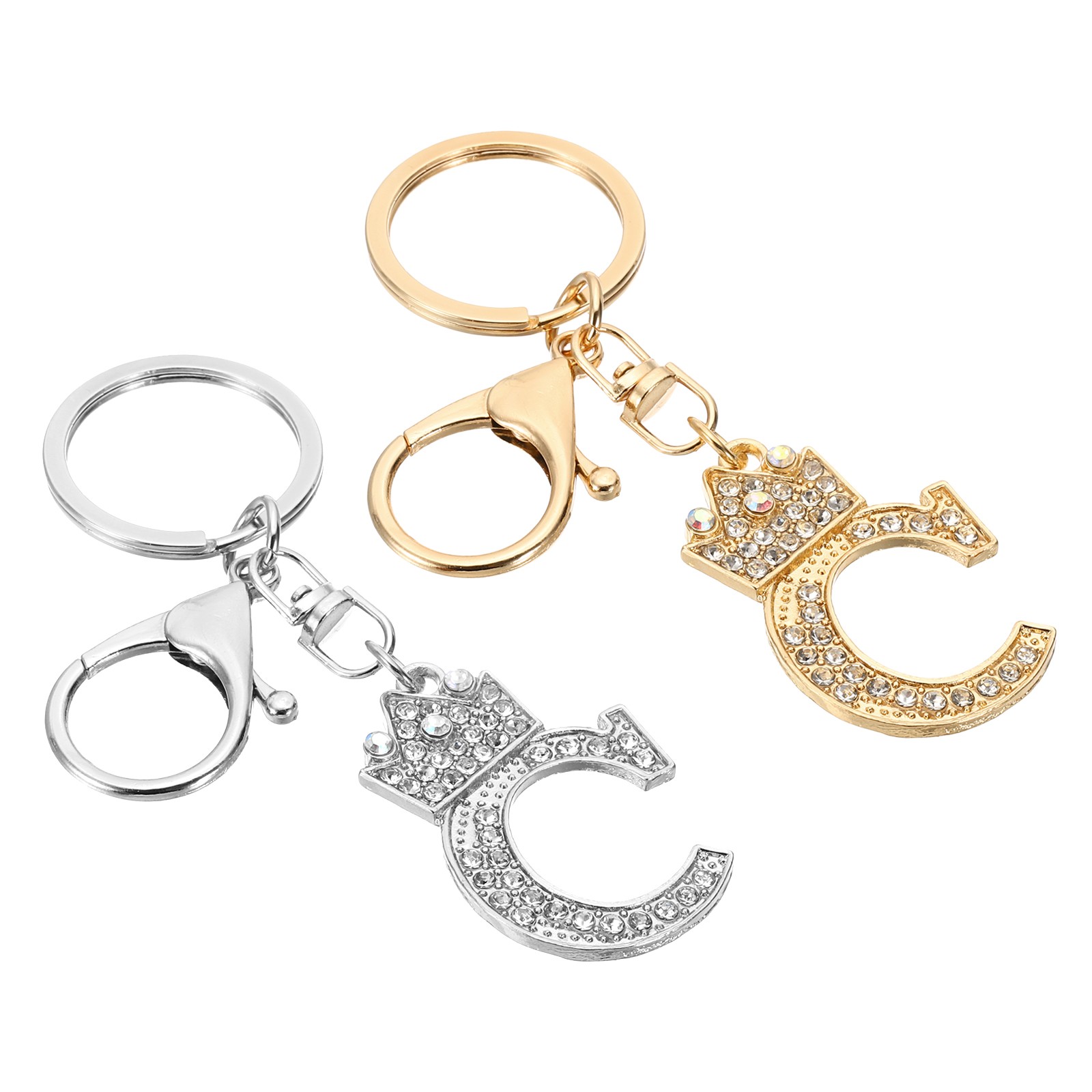 Initial Letter Keychain, 2 Pcs Letter C Crown Design Charm, Gold/Silver