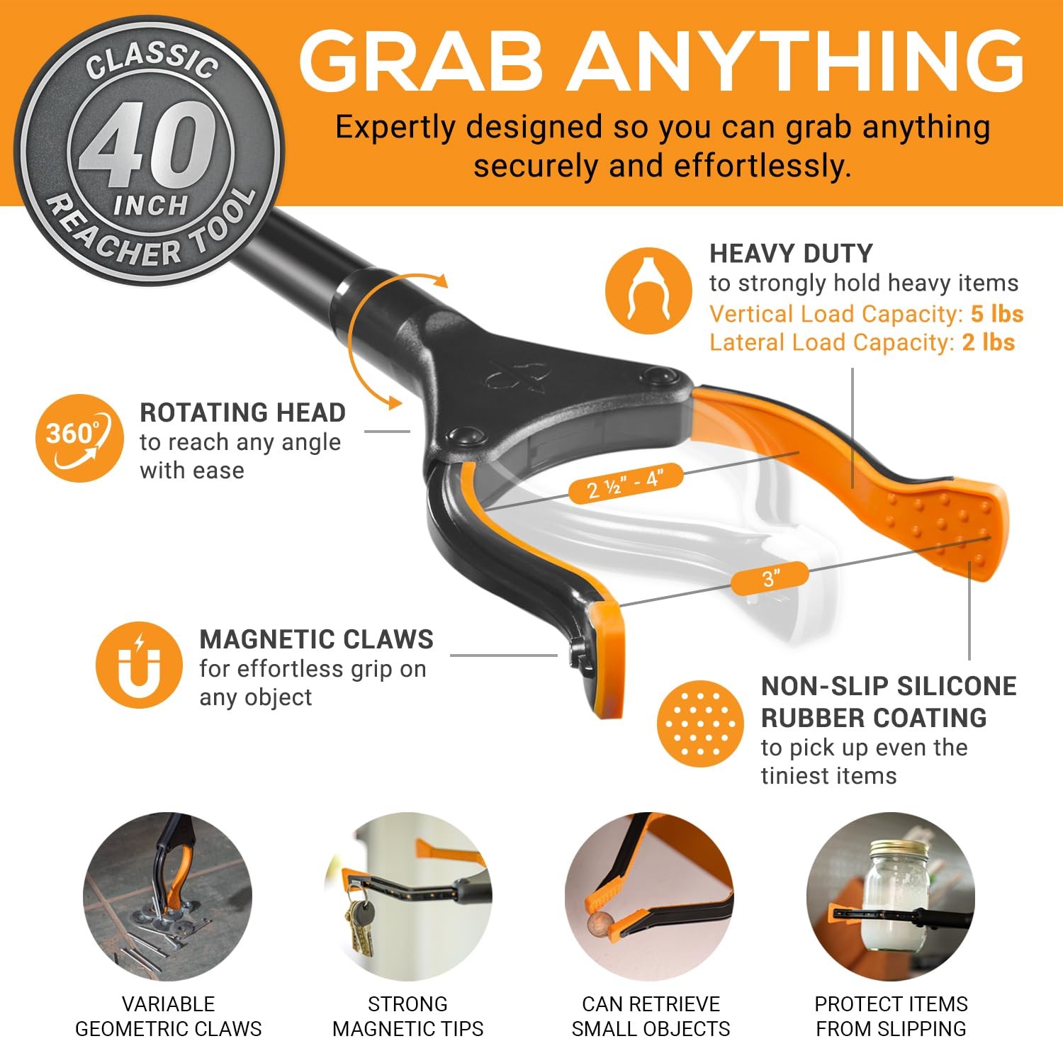 40" Folding Grabber Tool for Elderly, Disabled & Seniors with Rotating Grippers