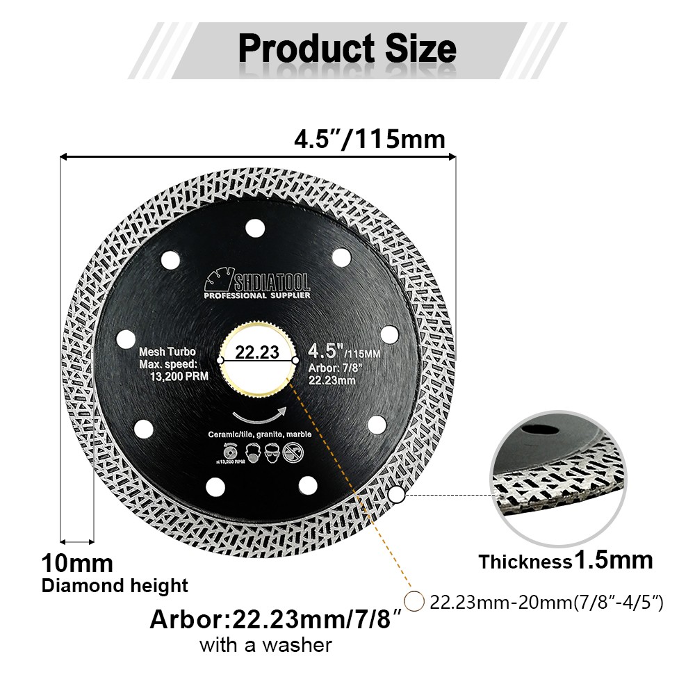 5pc Diamond Mesh Turbo Angle Grinder Saw Blade for Porcelain Tile 4.5''/115mm