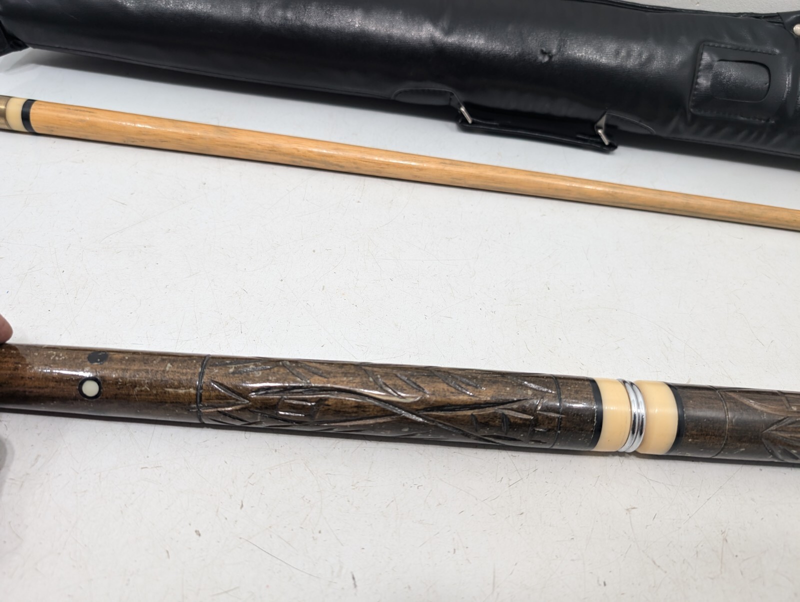 Vintage Pool Cue With Case - Tiki Bar Style Carved Wood Unique - Made In Hawaii