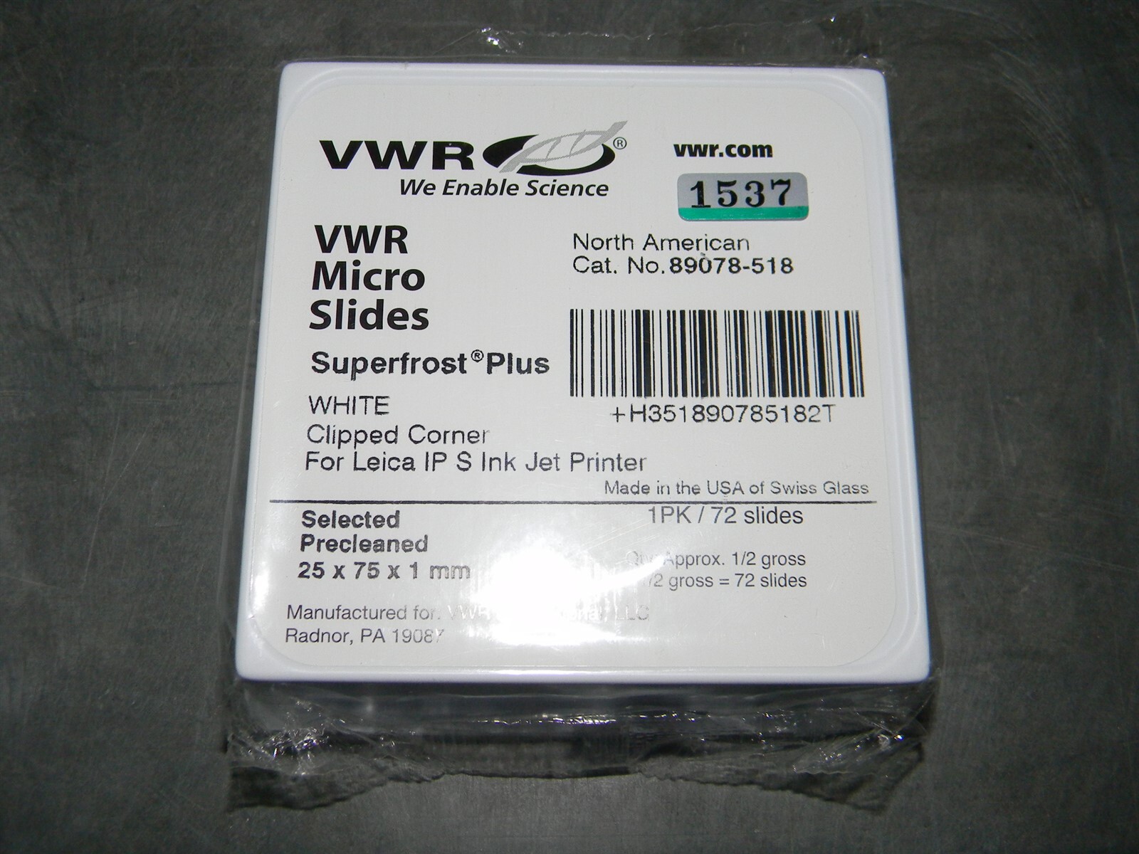 VWR Micro Slides White 75mm × 25 mm x 1mm, P/N 89078-518 2 Packs of 72