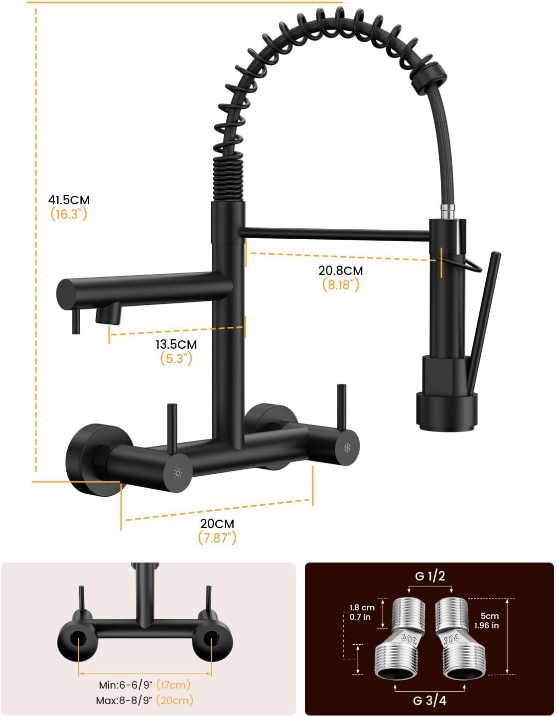 Matte Black Wall Mount Kitchen Faucet with Pull Down Sprayer and 2 Handles