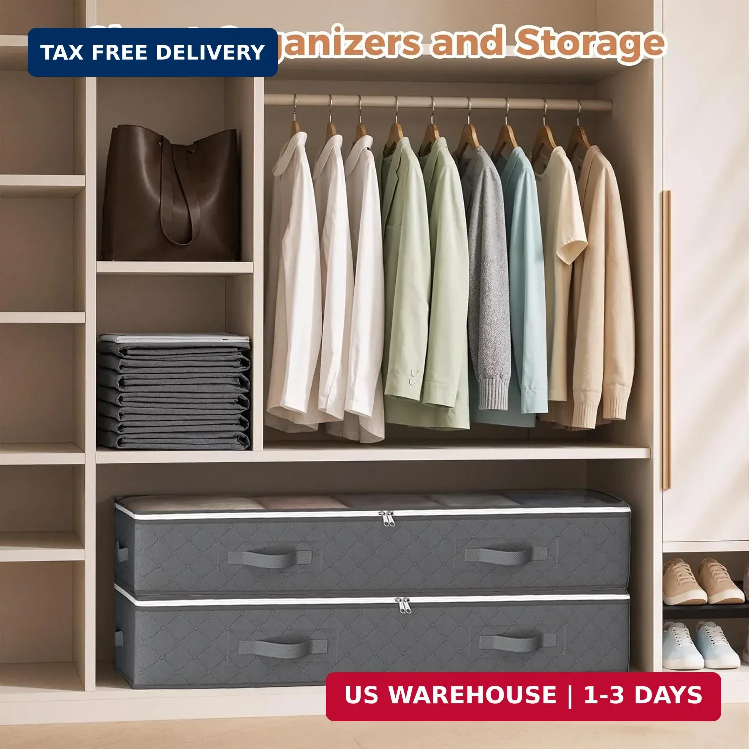 90L Under Bed Storage Containers, 4 Pack Closet Organizers Grey | Foldable under