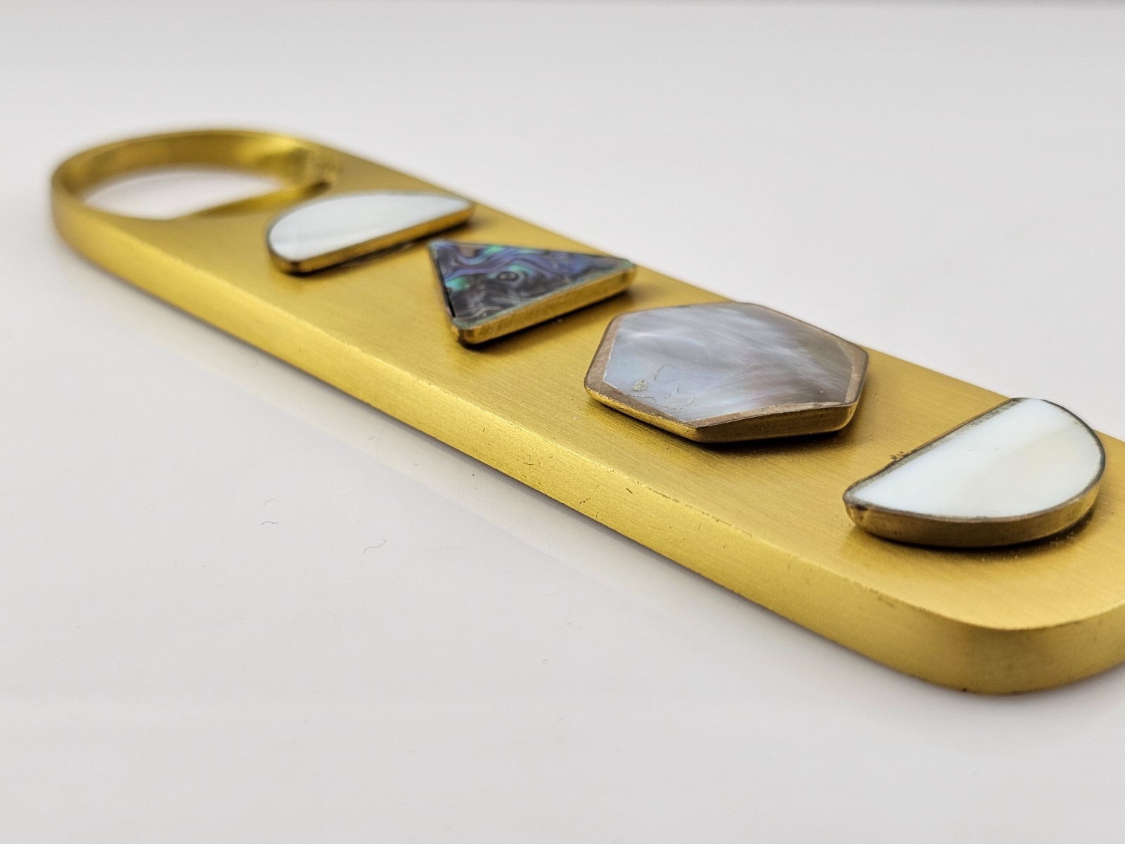 Anthropologie Brass Bottle Opener Mother of Pearl Abalone Inlay 6" Heavy Barware