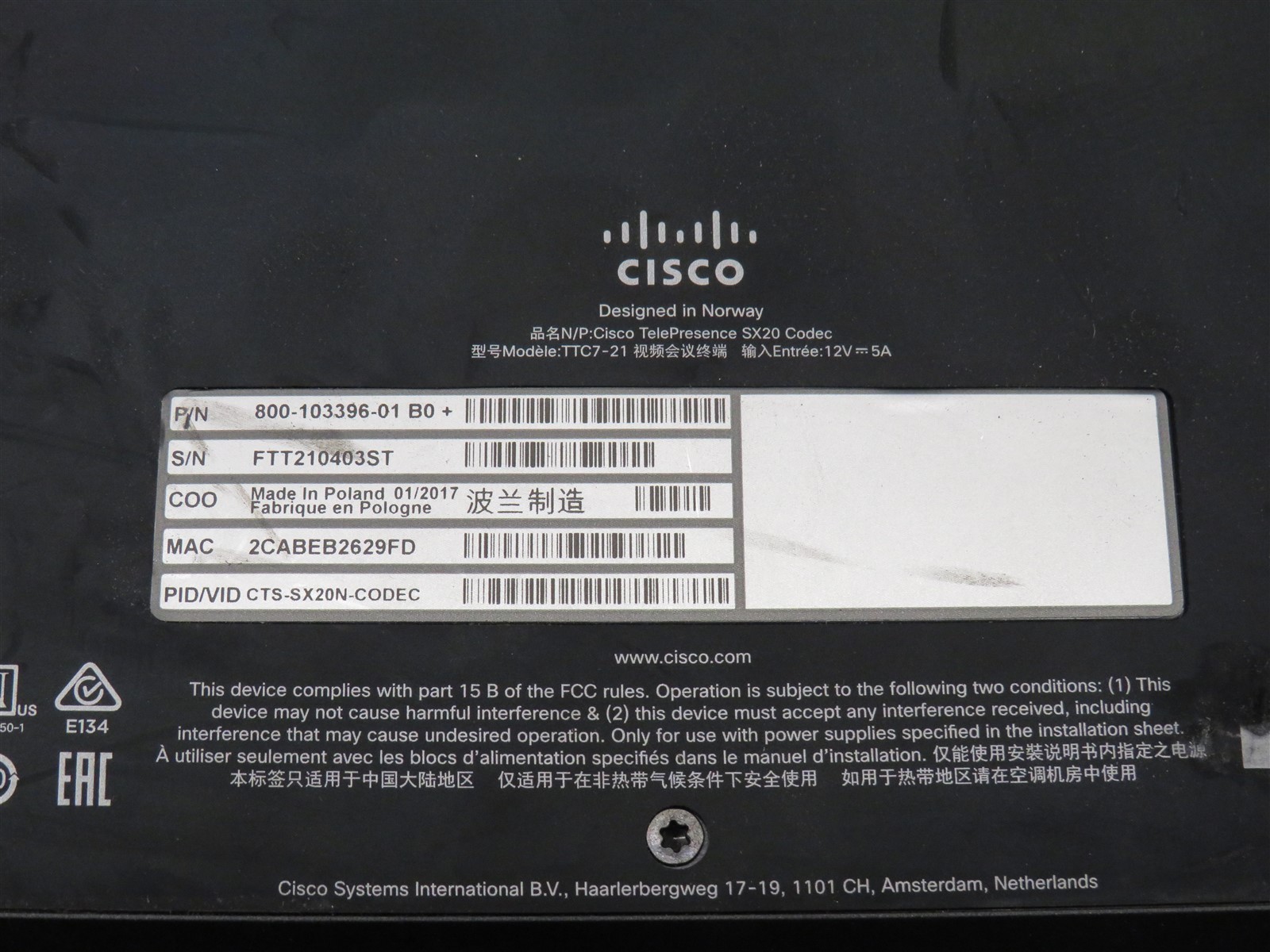 3x Cisco Telepresence System SX20 Codec TTC7-21 800-36554-01 CTS-SX20CODEC