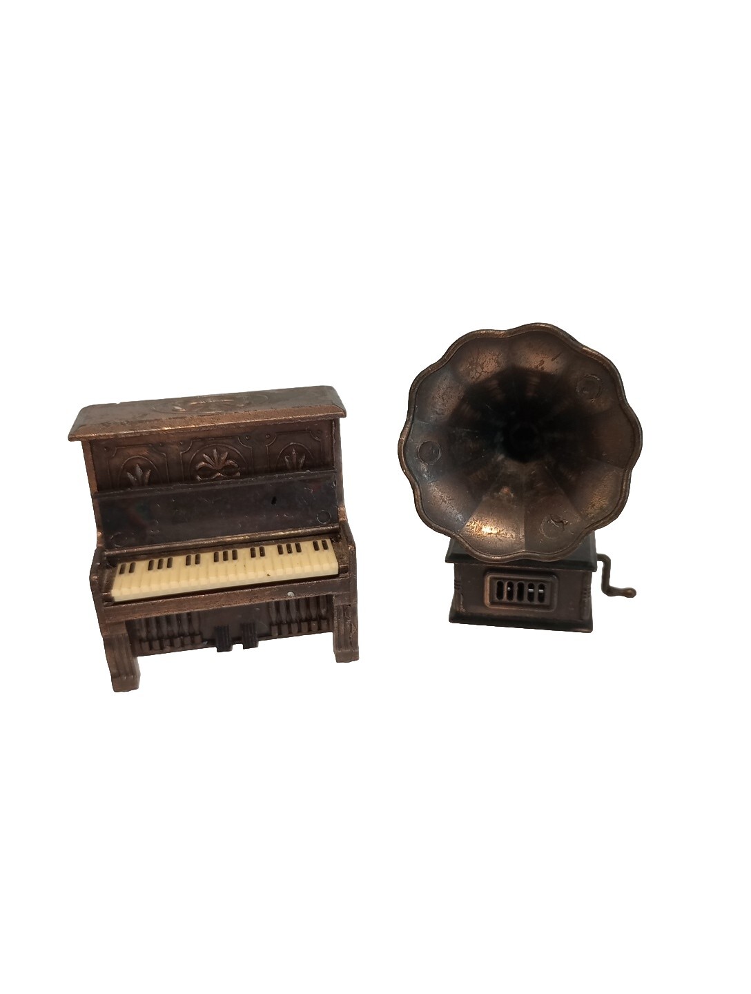 2 Vtg Die Cast Miniature Metal Pencil Sharpeners Victrola And Piano Super Cute