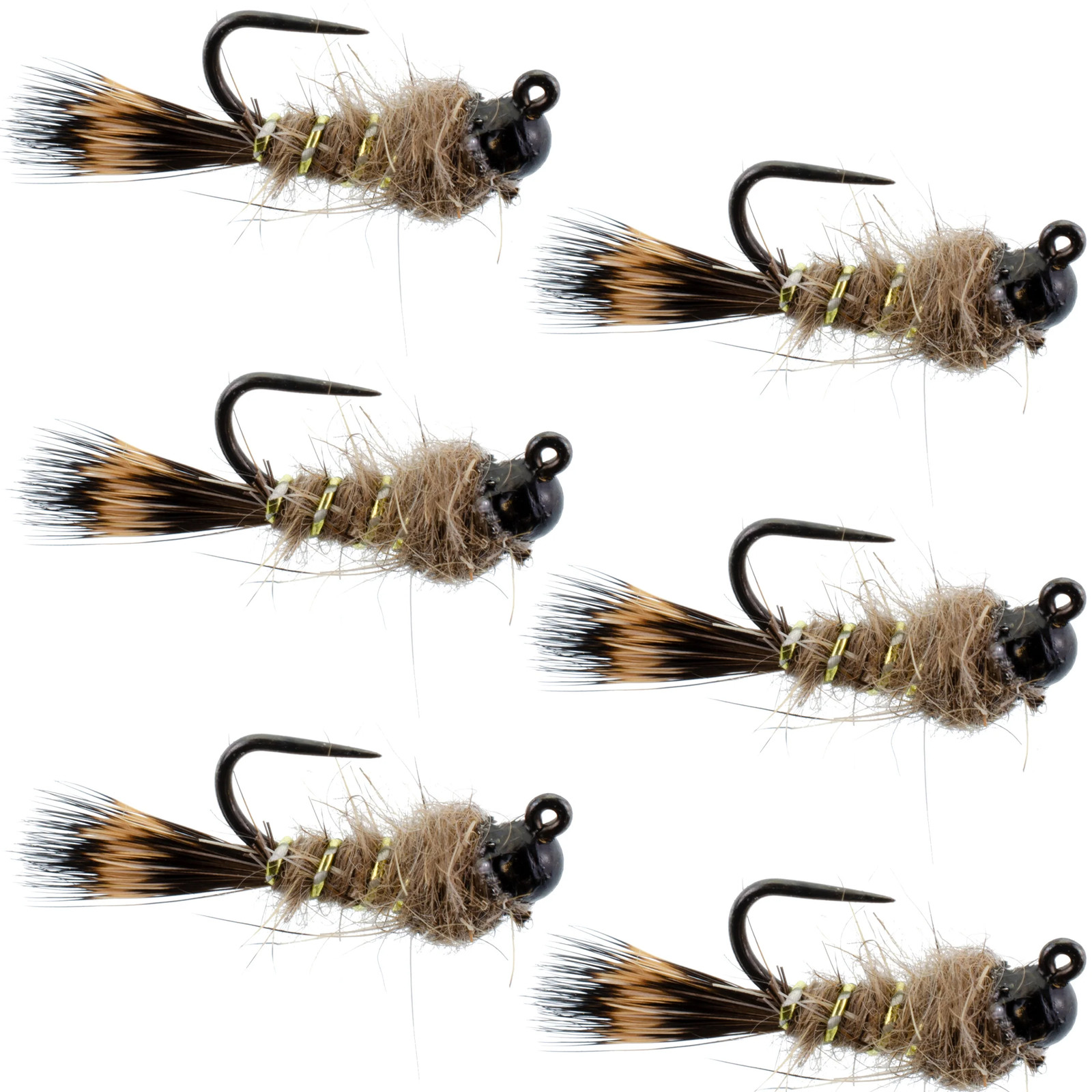 Black Tungsten Bead Tactical Hares Ear Nymph Euro Fly - 6 Flies Size 14