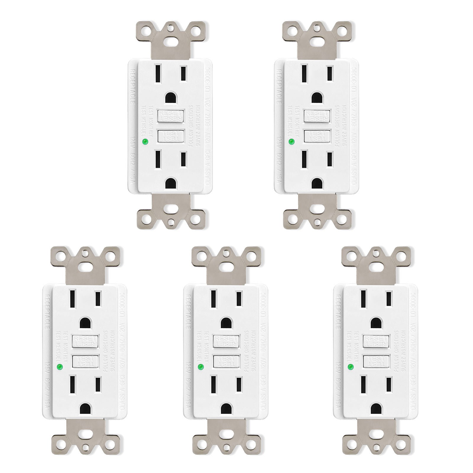 15A Amp GFCI Outlet Receptacle LED Indicator with Decor Plate ETL Non-TR 5 Pack