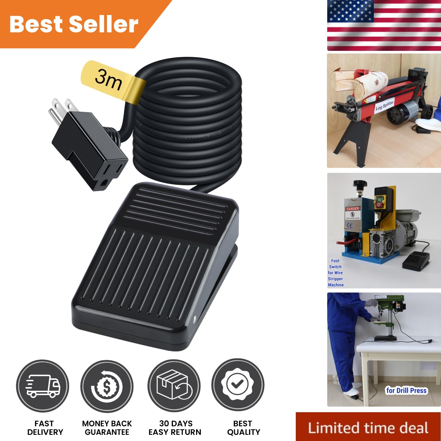 10ft -Listed Momentary Foot Switch - Hands-Free Control for Power Tools