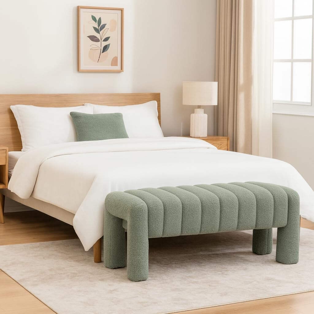 42.5 Inches Upholstered Ottoman Bench Boucle Fabric